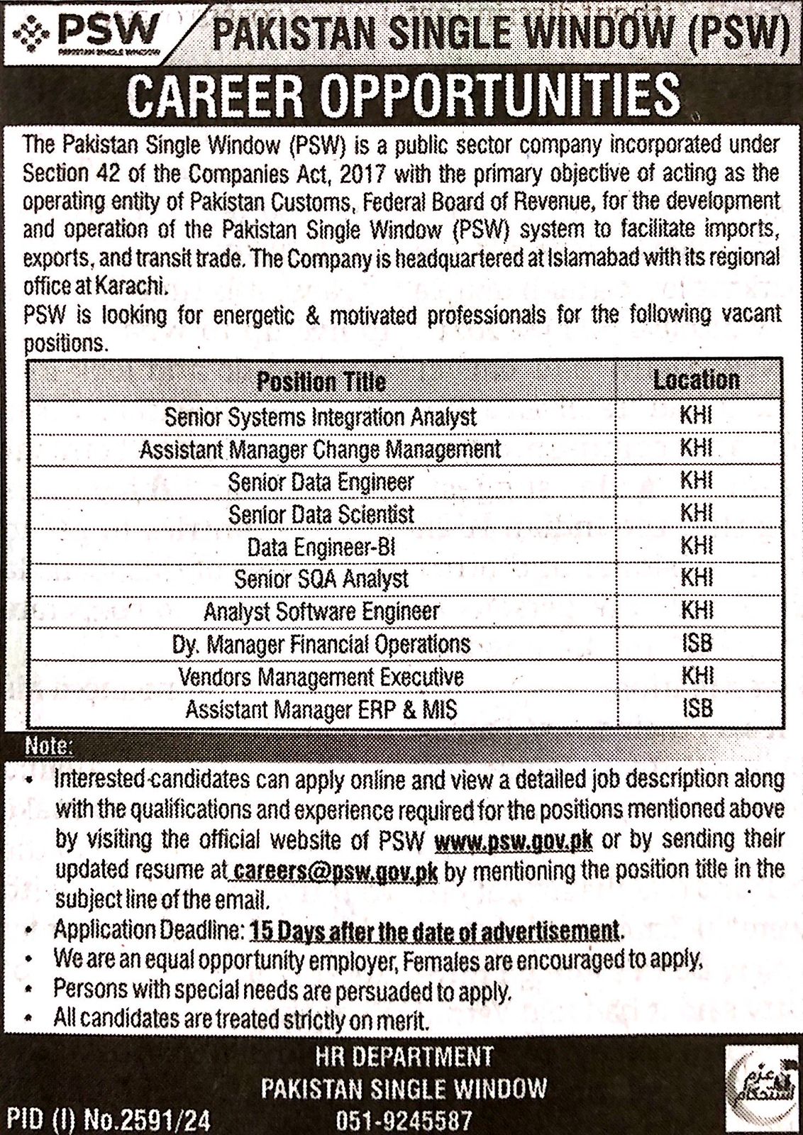 1. Senior Systems Integration Analyst 2. Assistant Manager Change Management 3. Senior Data Engineer 4. Senior Data Scientist 